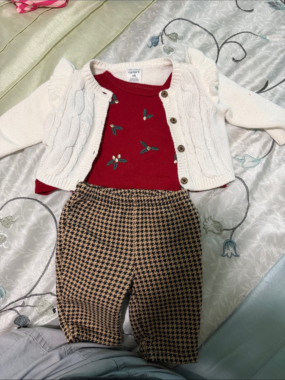 Carter's Red Holly Embroidered Top with Cream Cardigan and Tan/Black Leggings
